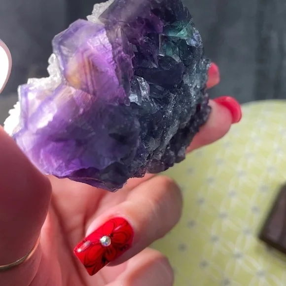 SUGAR CALCITE COATED RAINBOW FLUORITE- 3” STUNNING GREEN, BLUE PURPLE- GEMSTONE
